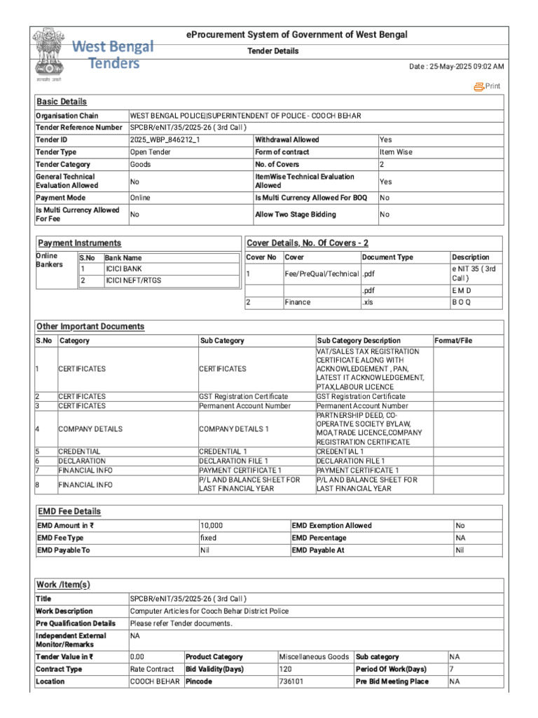 eProcurement Tender for Cooch Behar Police | PDF | Value Added Tax ...