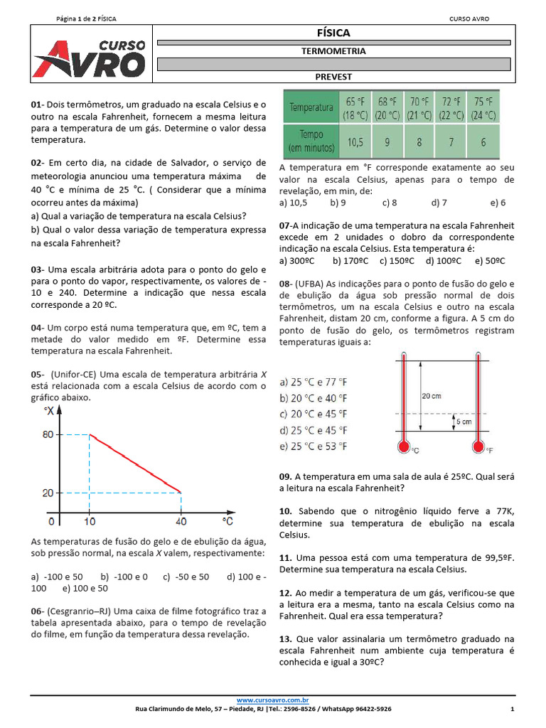 Exercícios de Termometria e Conversão de Temperaturas | PDF ...