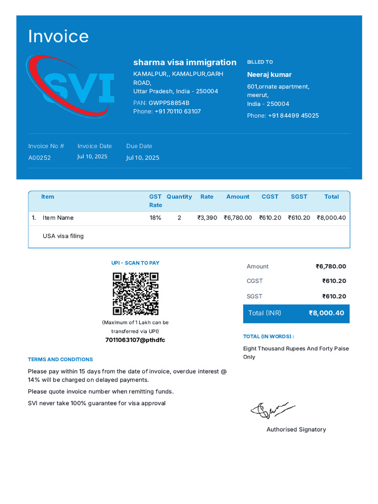 USA Visa Filing Invoice - ₹8,000.40 | PDF