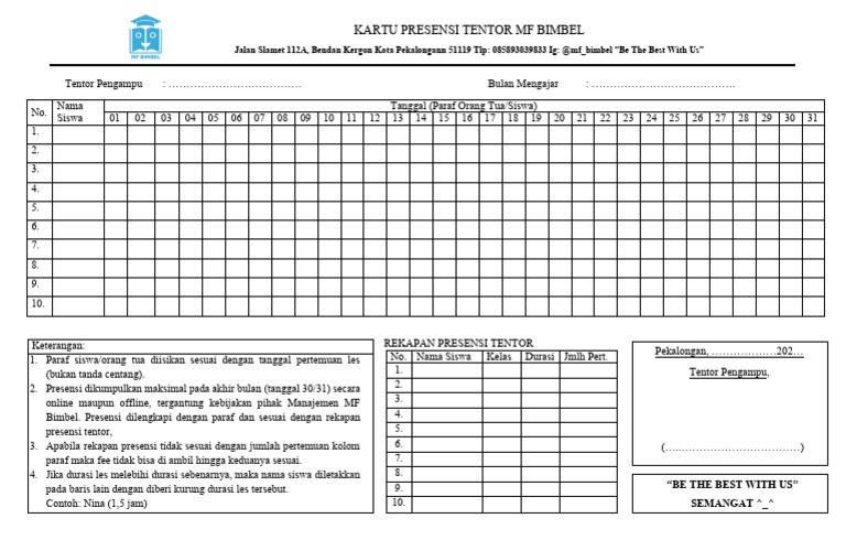 Kartu Presensi Tentor MF Bimbel Pekalongan | PDF