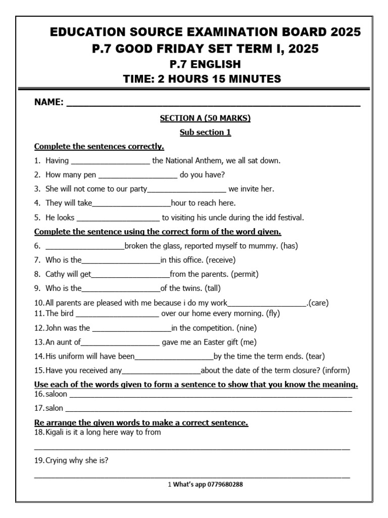 P.7 English Exam Paper 2025 | PDF