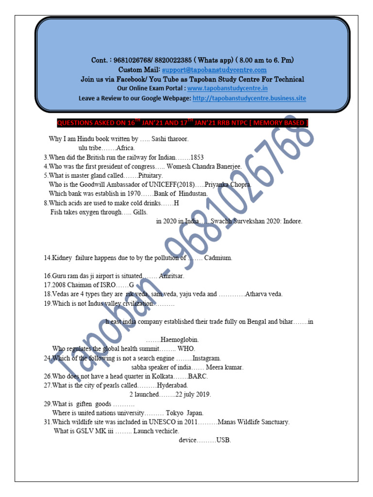 Post NTPC Questions Dated 16 and 17th JAn'21 | PDF