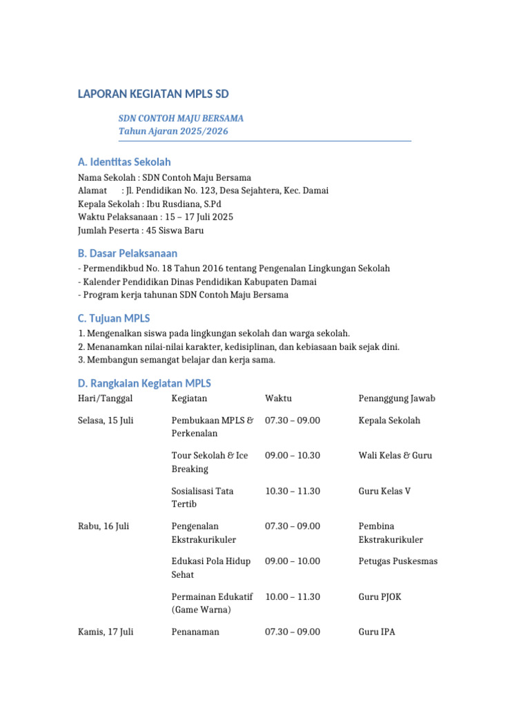 Laporan Kegiatan MPLS SD 2025/2026 | PDF