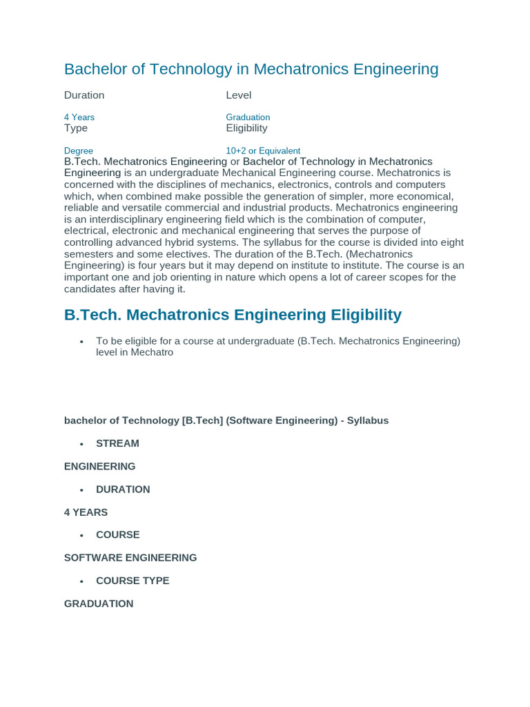 Bachelor of Technology in Mechatronics Engineering | PDF | Engineering ...