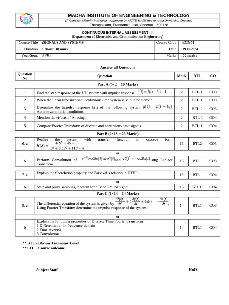Signals and Systems Assessment EC3354 | PDF | Harmonic Analysis ...