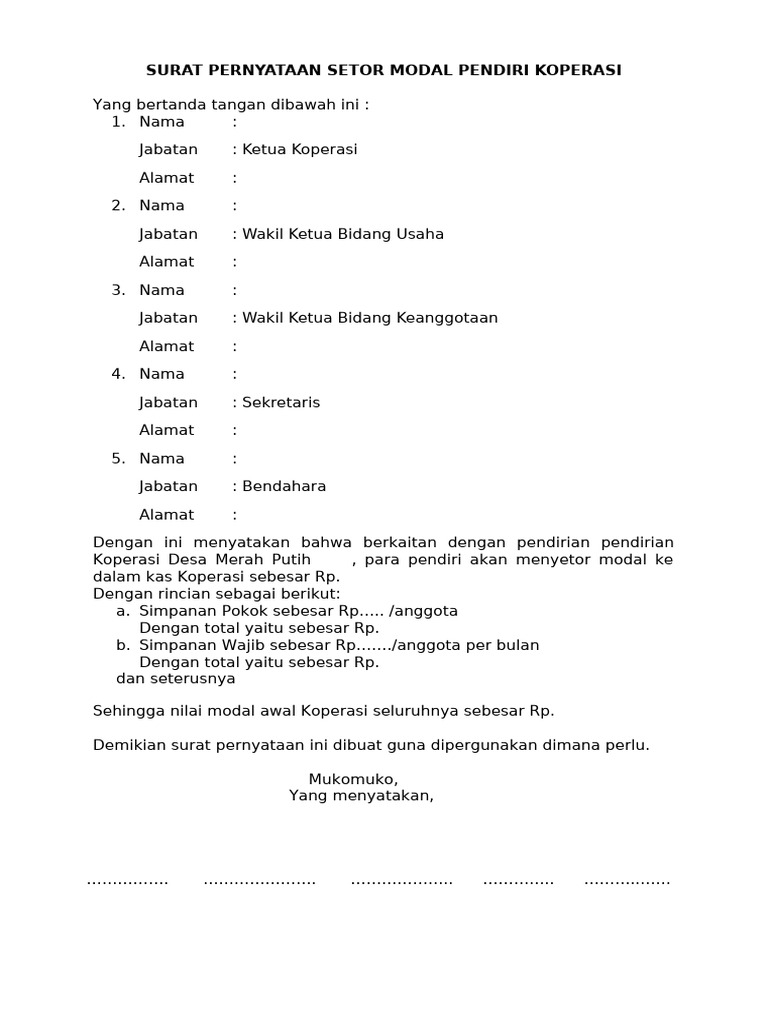 Surat Setoran Modal Koperasi Merah Putih | PDF