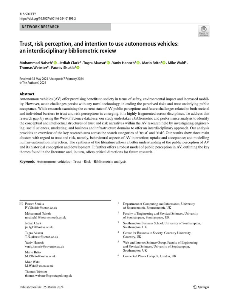Trust and Risk in Autonomous Vehicles | PDF | Risk | Science