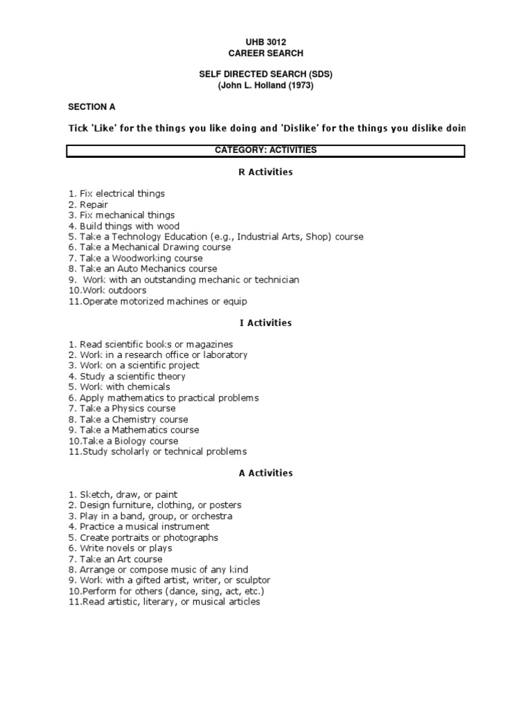 Self-Directed Search Career Assessment | PDF | Auto Mechanic | Leadership