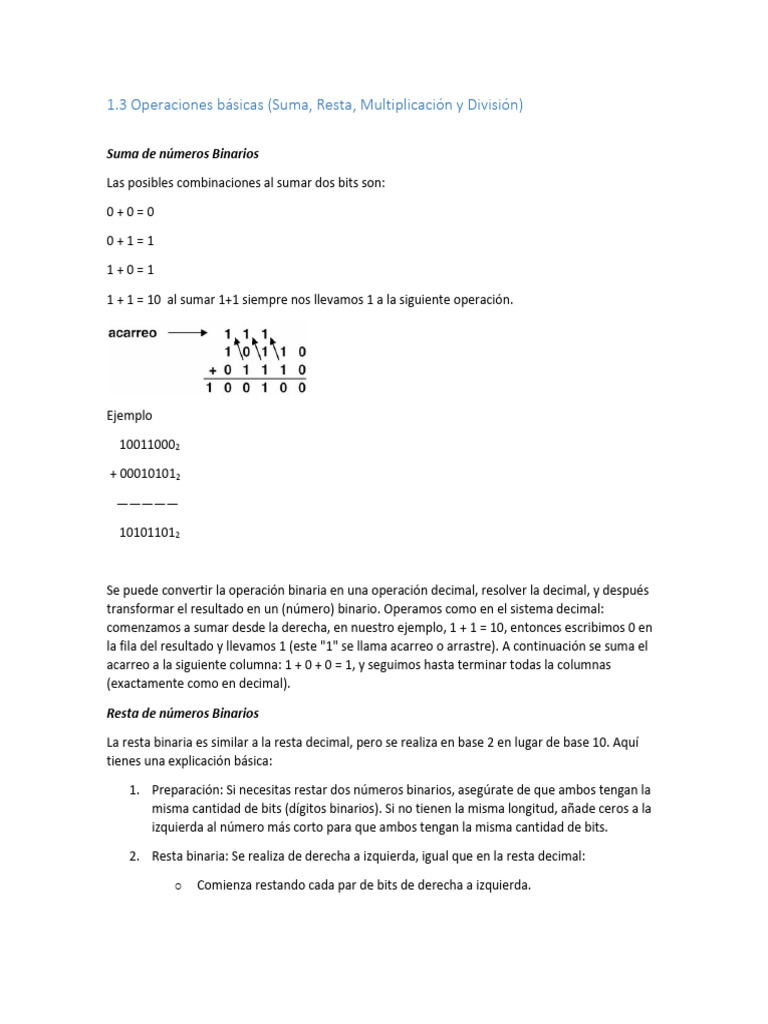 Operaciones Básicas en Números Binarios | PDF | Sustracción | División ...