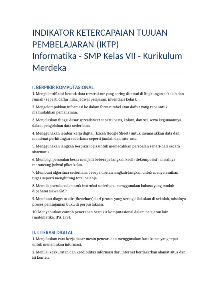 IKTP Pembelajaran Informatika Kelas 7 | PDF