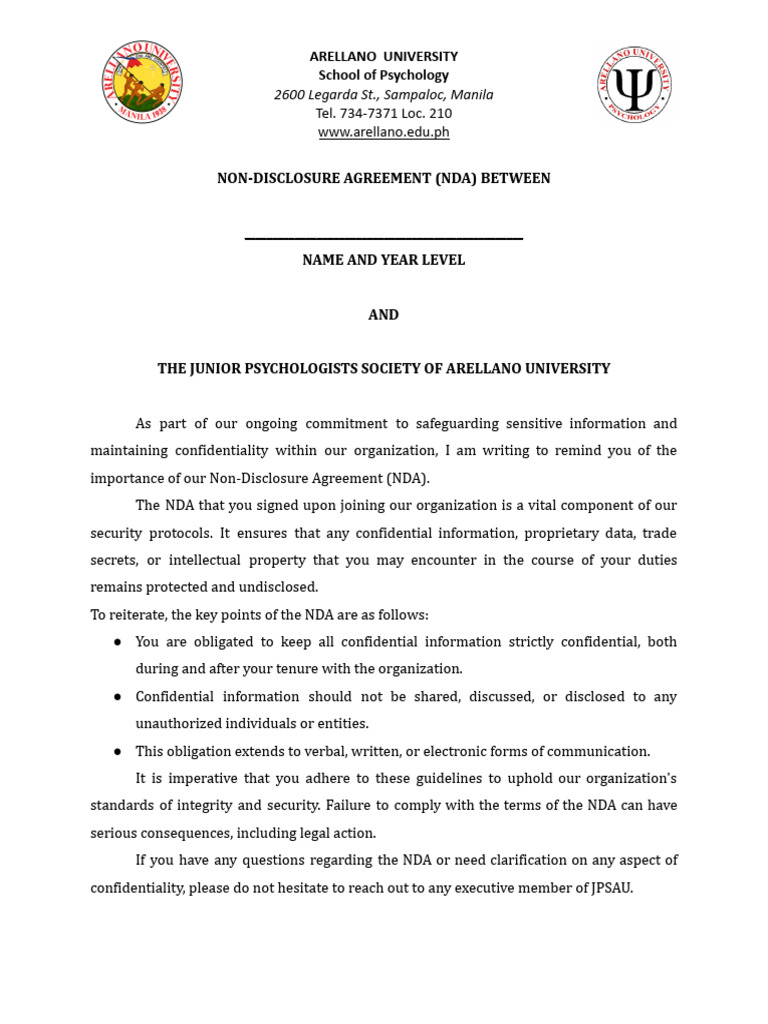 Arellano University NDA Guidelines | PDF | Non Disclosure Agreement ...