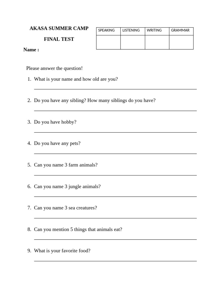 Summer Camp Final Test Questions | PDF