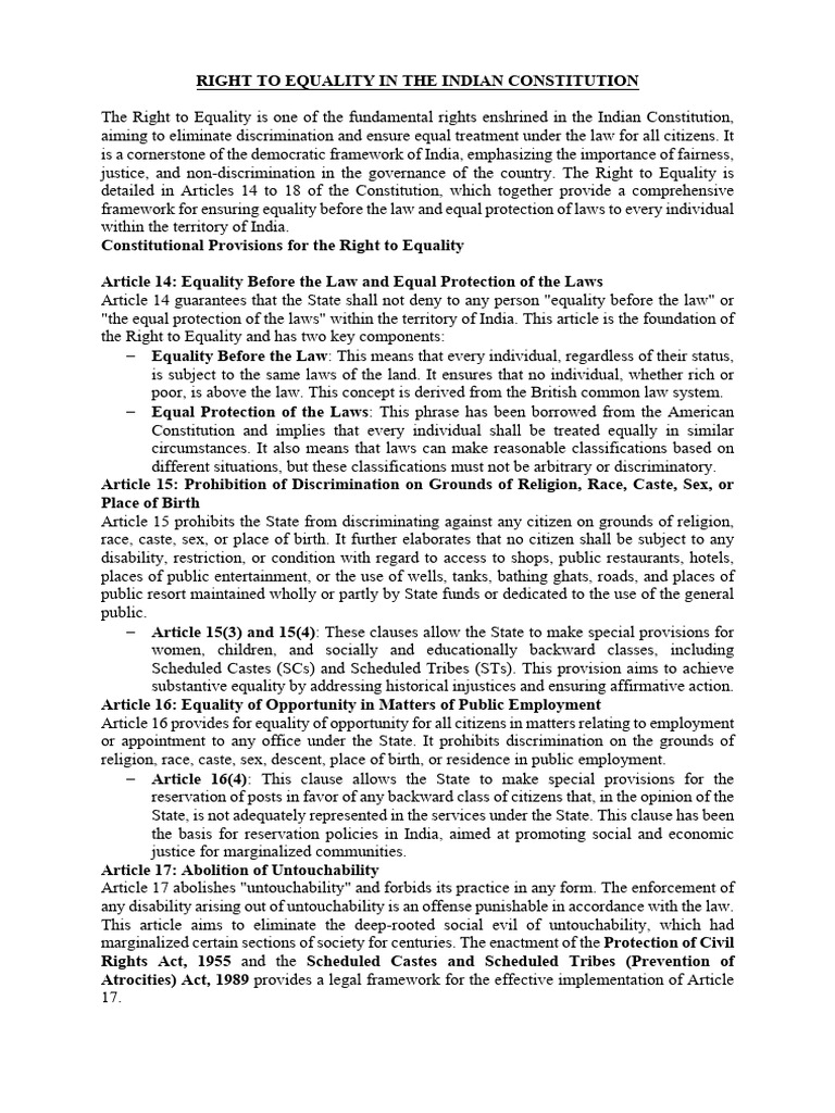Right to Equality in Indian Constitution | PDF | Discrimination | Civil ...