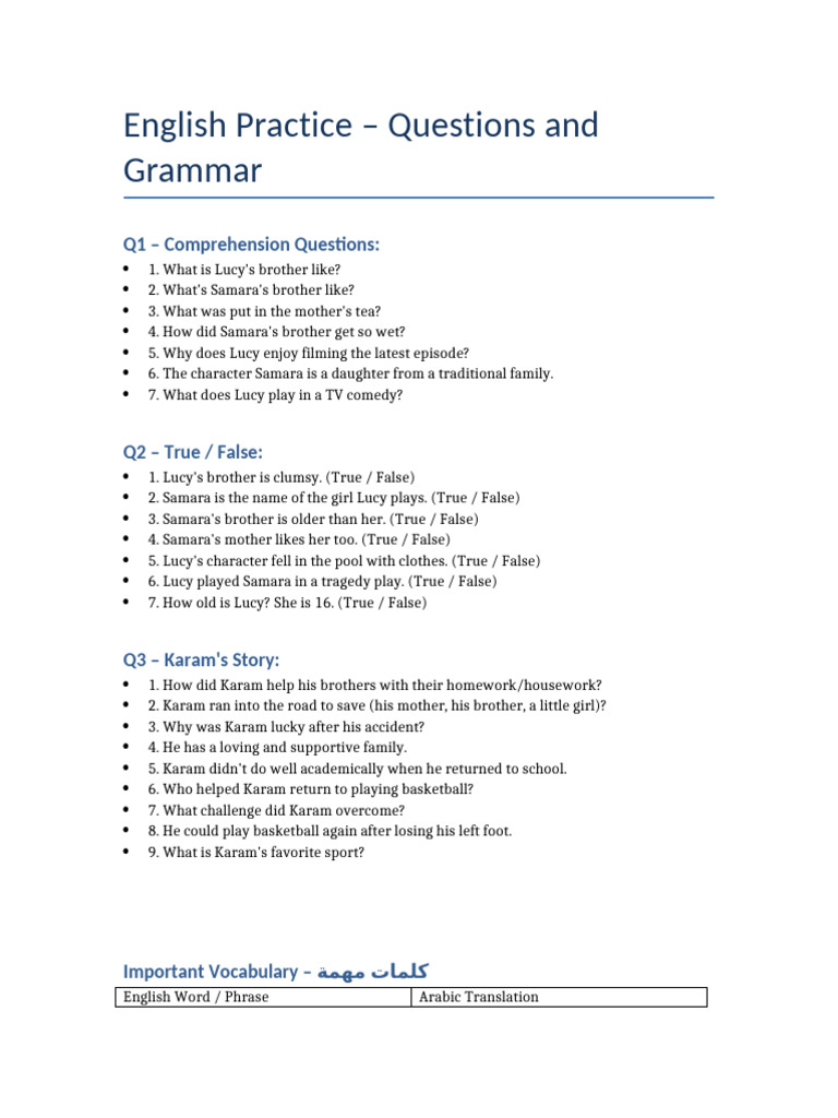 English Grammar: True/False Questions | PDF | Plural | Linguistics