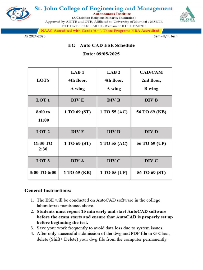 AutoCAD ESE Schedule & Guidelines 2025 | PDF | Auto Cad | Computing