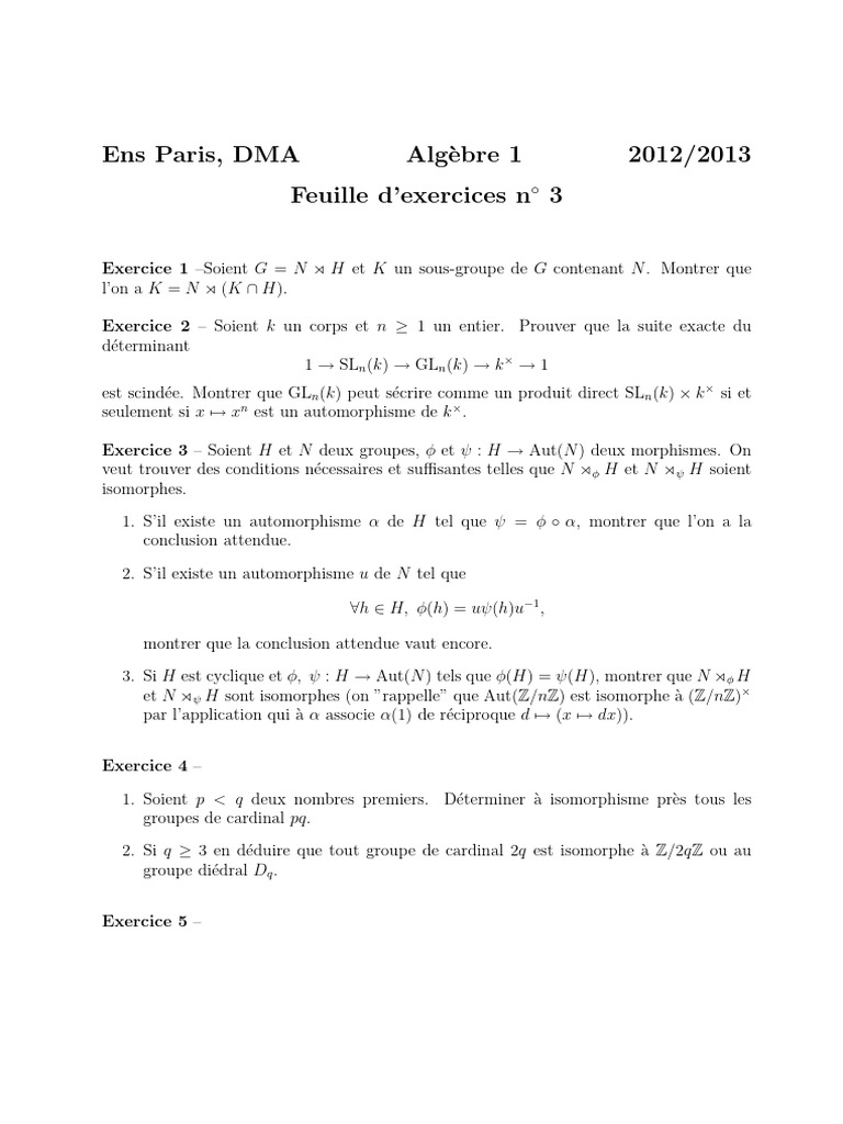 Exercices d'Algèbre sur les Groupes et Corps | PDF