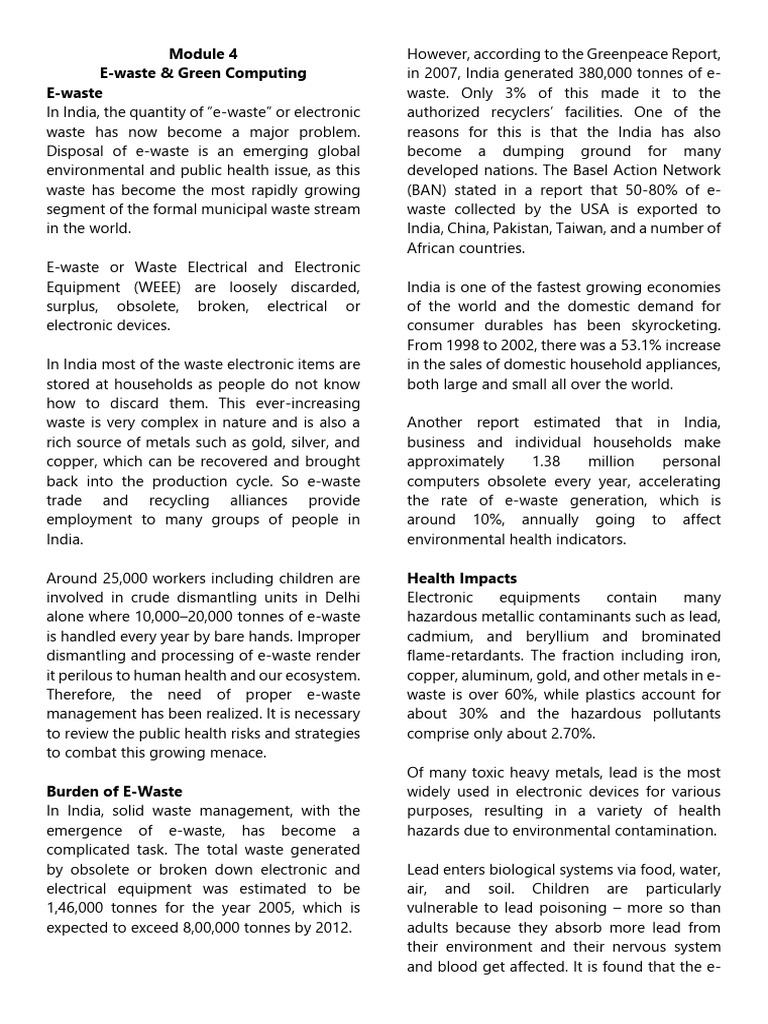 E-Waste Management and Health Risks in India | PDF | Electronic Waste ...