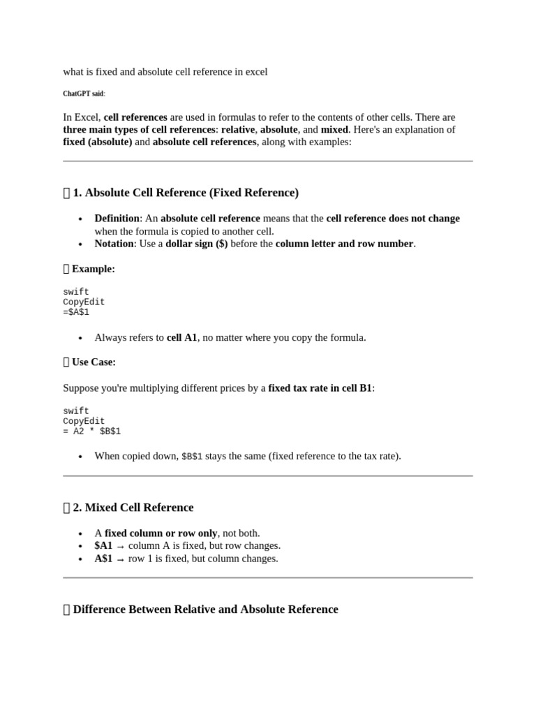 What Is Fixed and Absolute Cell Reference in Excel | PDF | Formula ...