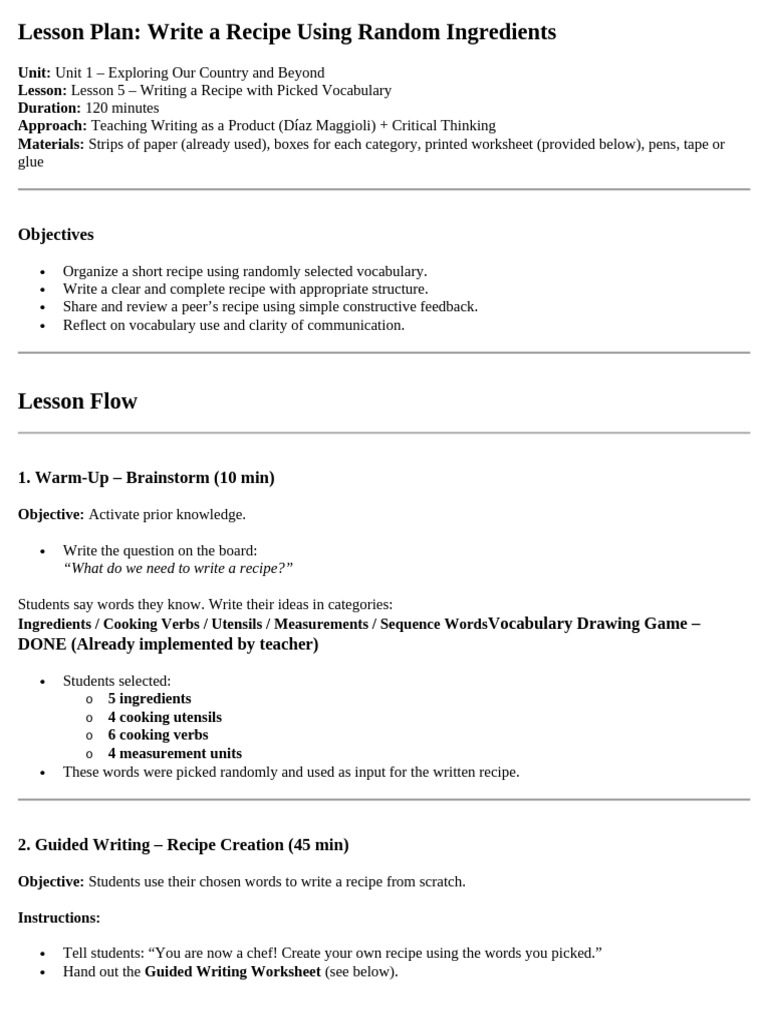Recipe Writing Lesson Plan for Students | PDF | Recipe | Lesson Plan