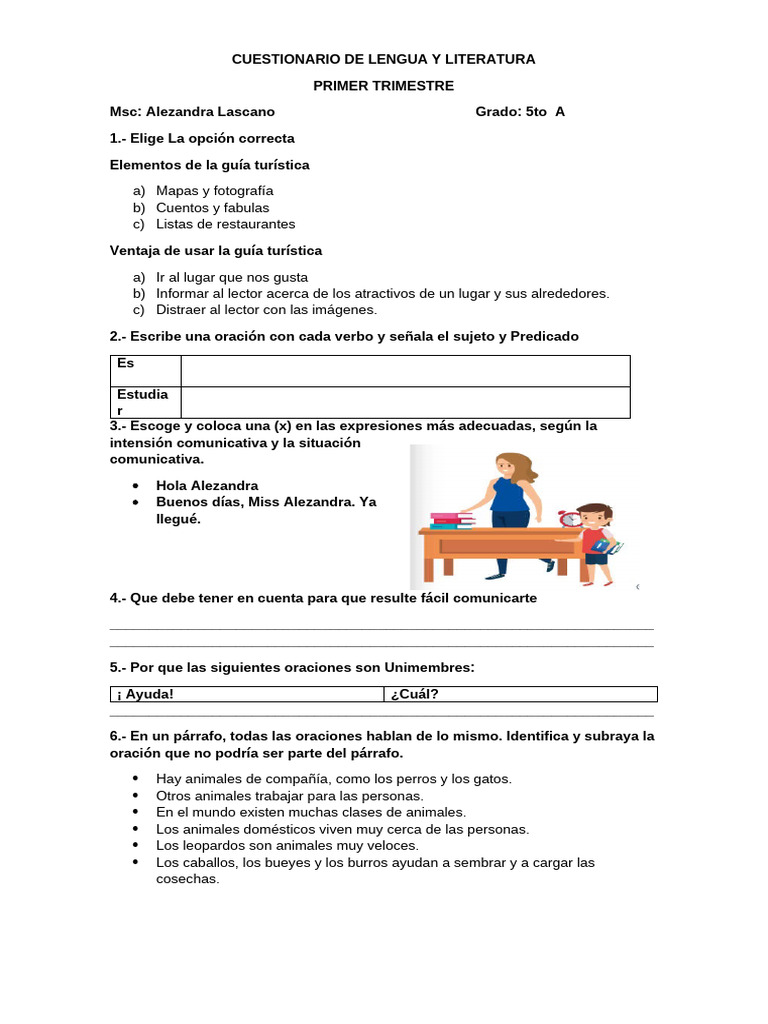 Cuestionario de Lengua y Literatura 5to A | PDF