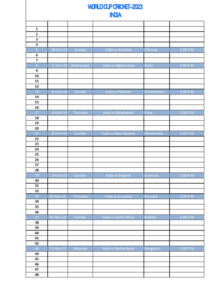 ICC Cricket World Cup 2023 Schedule | PDF | England Cricket Team | Ball ...