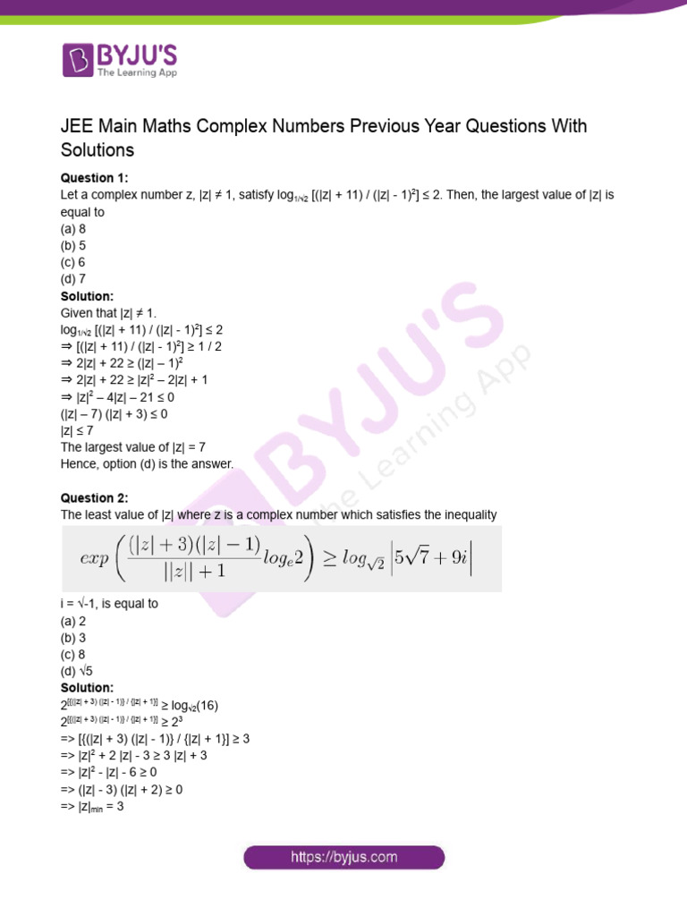 JEE Main Complex Numbers PYQs with Solutions | PDF | Inequality ...