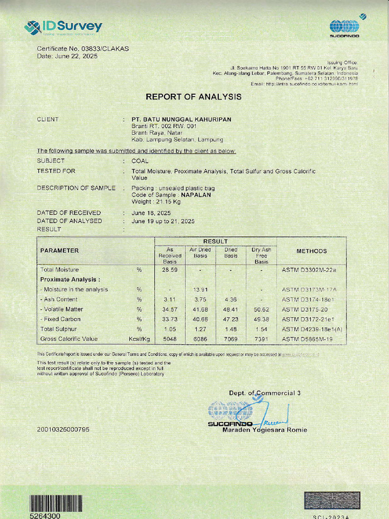 Coal Analysis Report for PT Kahuripan | PDF