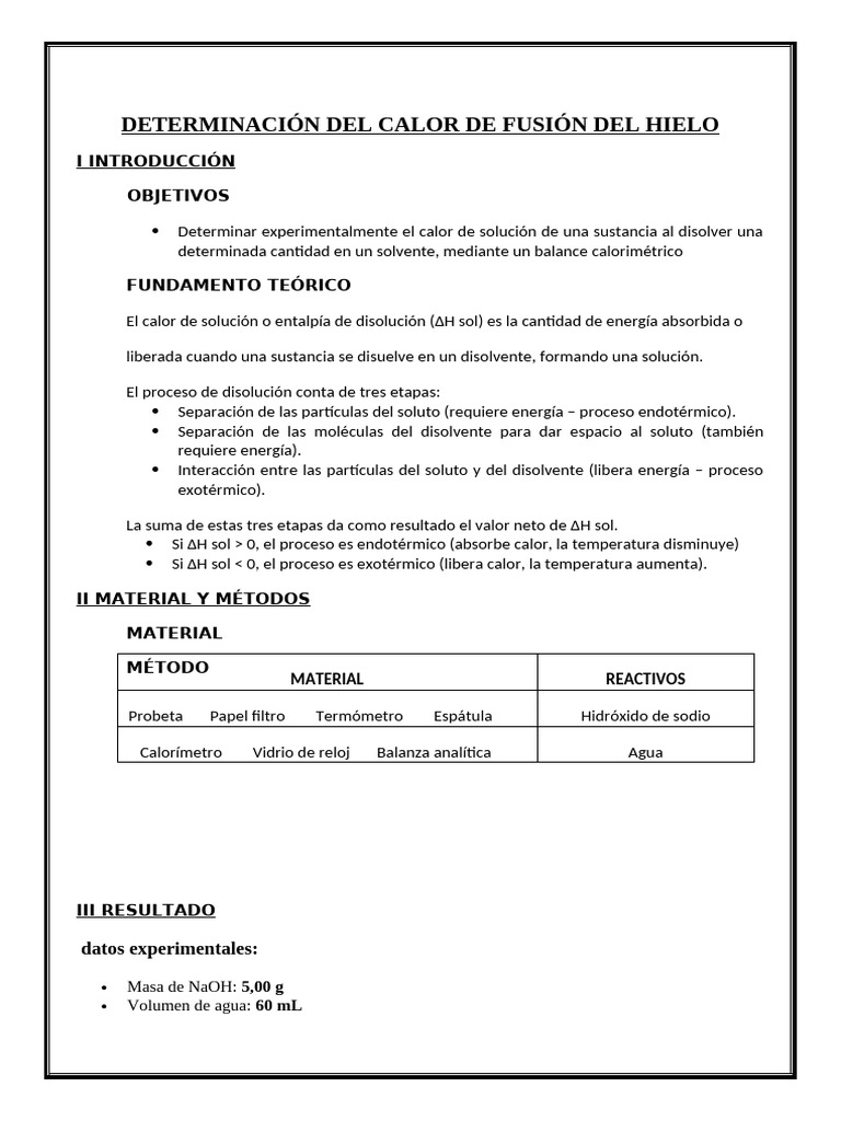 Calor de fusión del hielo: estudio calorimétrico | PDF | Termodinámica ...