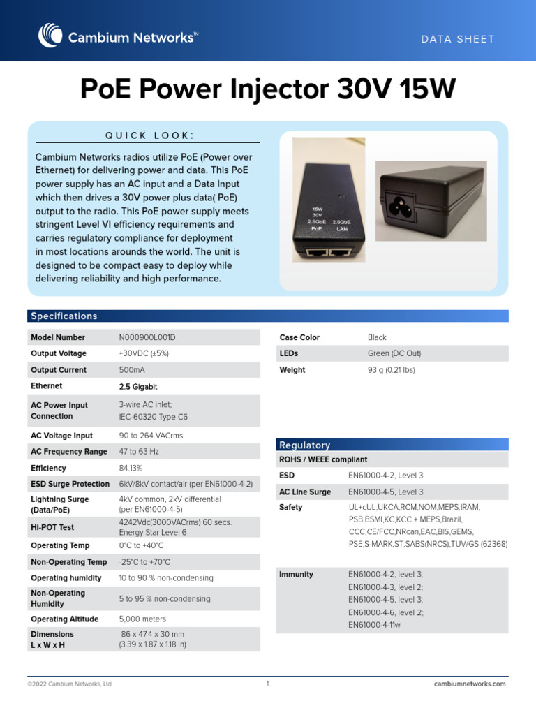 Cambium 30V PoE Power Injector Data Sheet | PDF | Power Supply ...