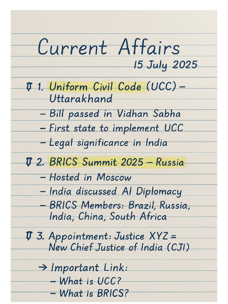 Current Affairs Notes 15 July 2025 | PDF
