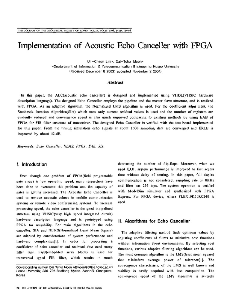 FPGA-Based Acoustic Echo Canceller Design | PDF | Field Programmable ...
