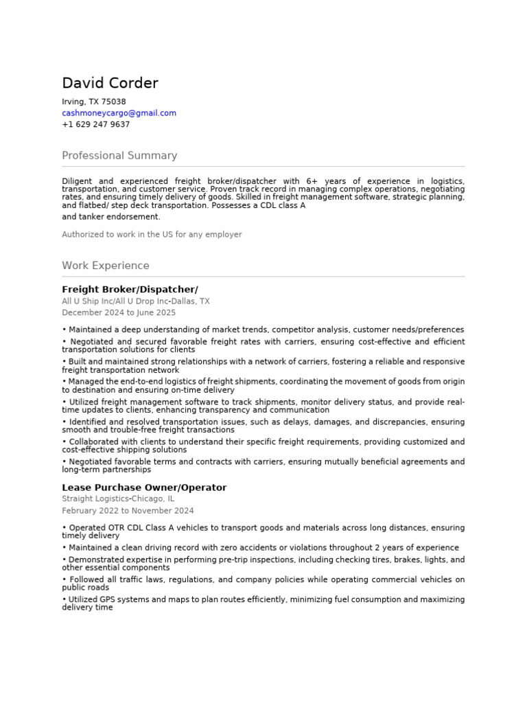 David Corder: Professional Summary | PDF | Cargo | Truck Driver