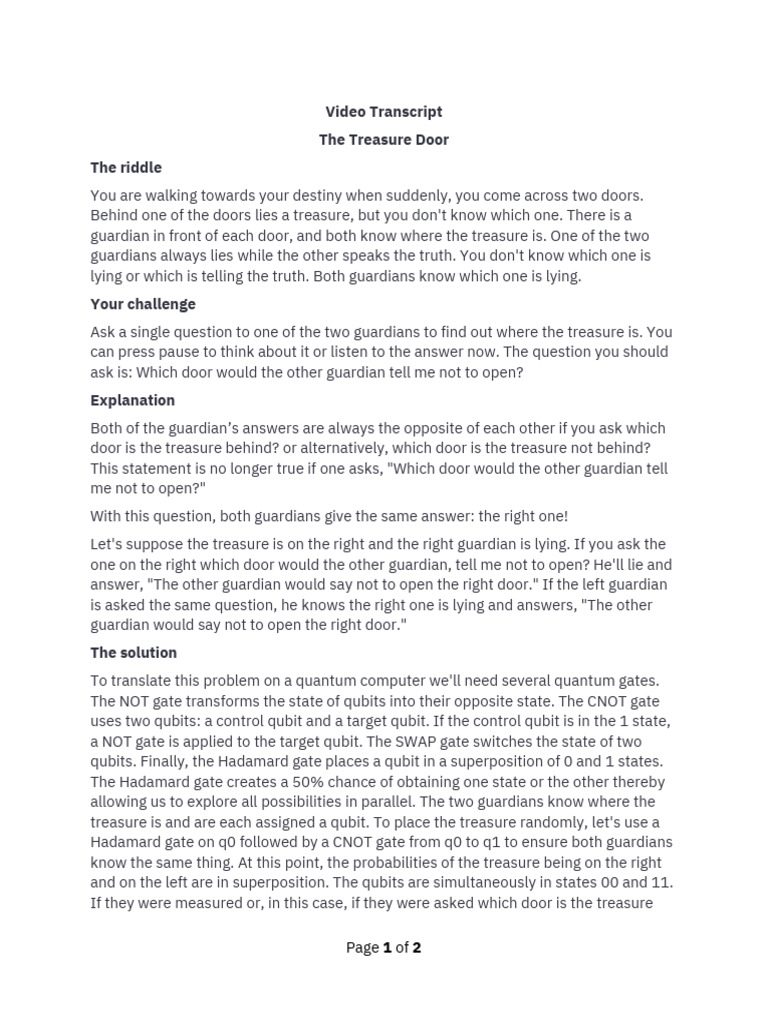 The Treasure Door Enigma Video Transcript | PDF | Physics | Theoretical ...