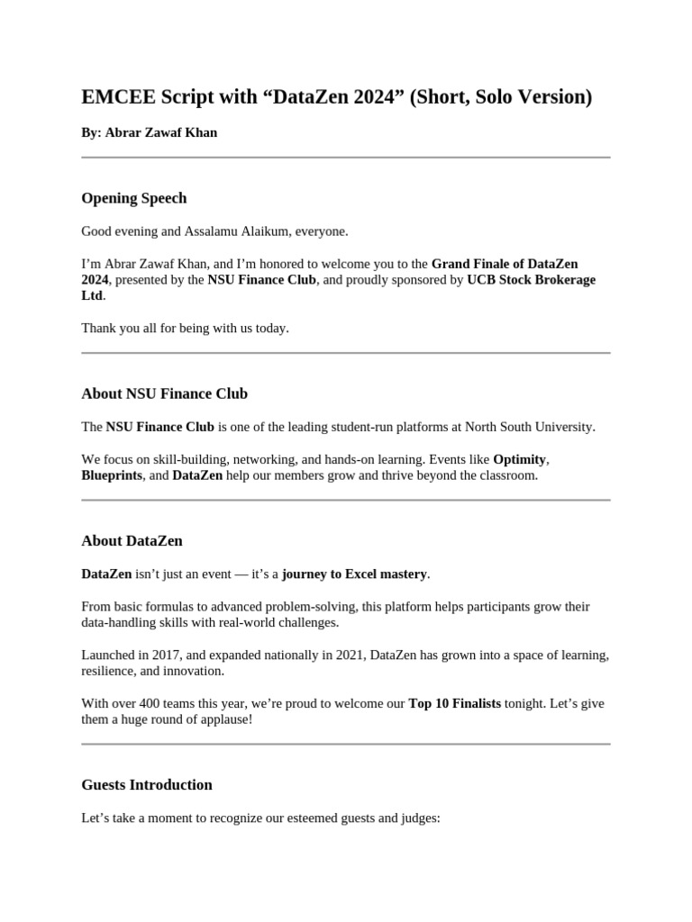 DataZen 2024 Emcee Script | PDF