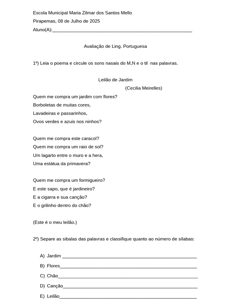 Avaliação de Língua Portuguesa 2025 | PDF