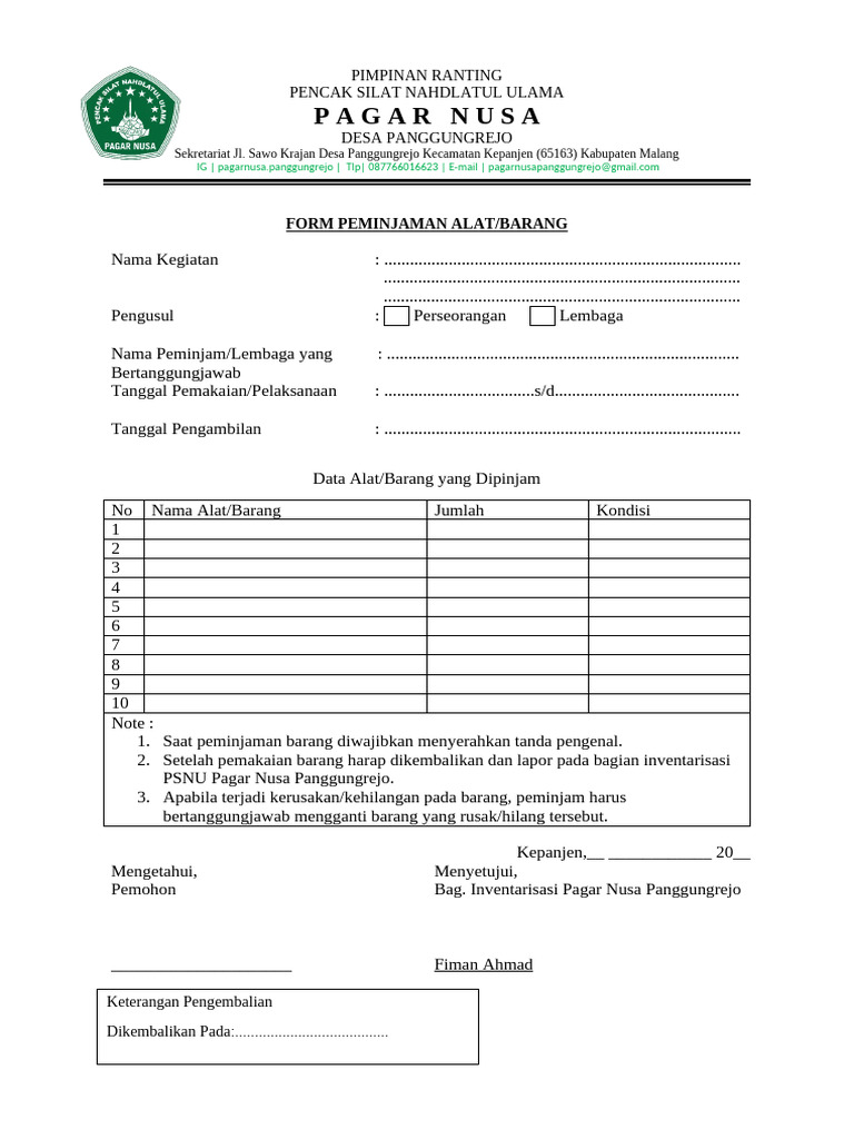 Form Peminjaman Barang | PDF