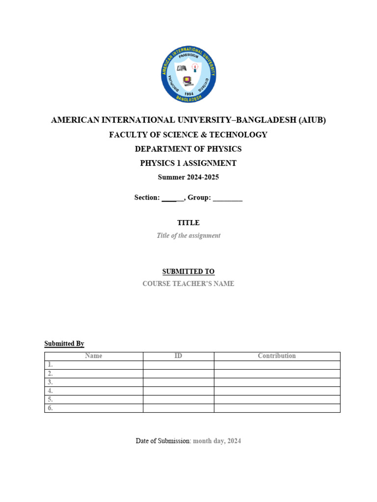 Physics 1 Assignment Guidelines AIUB | PDF