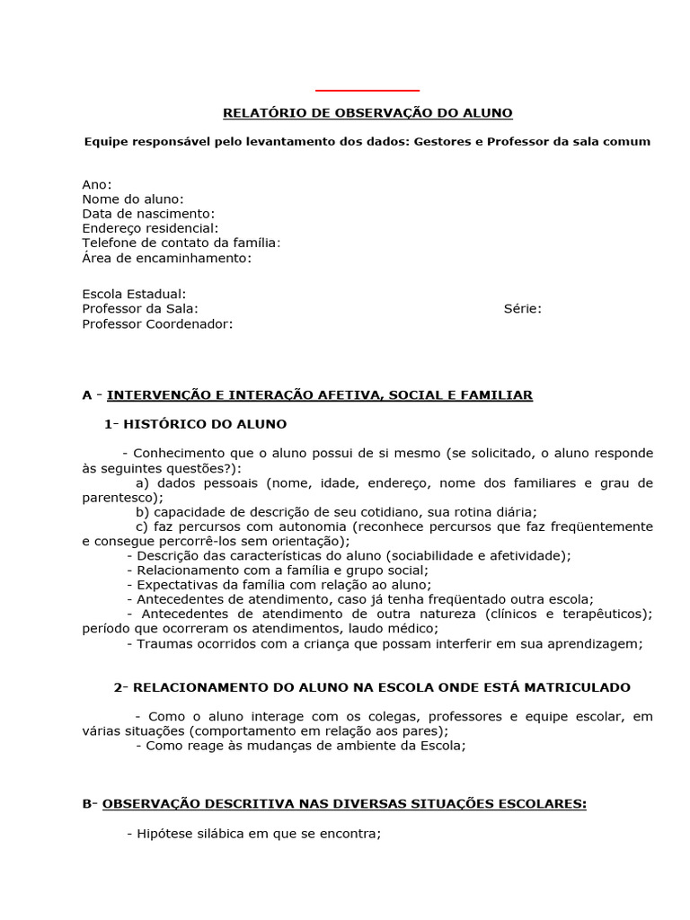 Relatório de Observação do Aluno | PDF | Aprendizado | Ciências ...