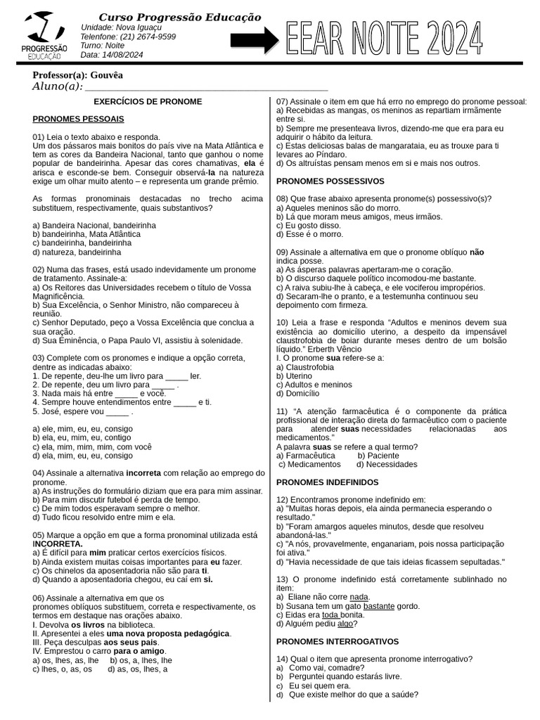 Exercícios de Pronomes em Português | PDF | Pronome | Morfologia ...