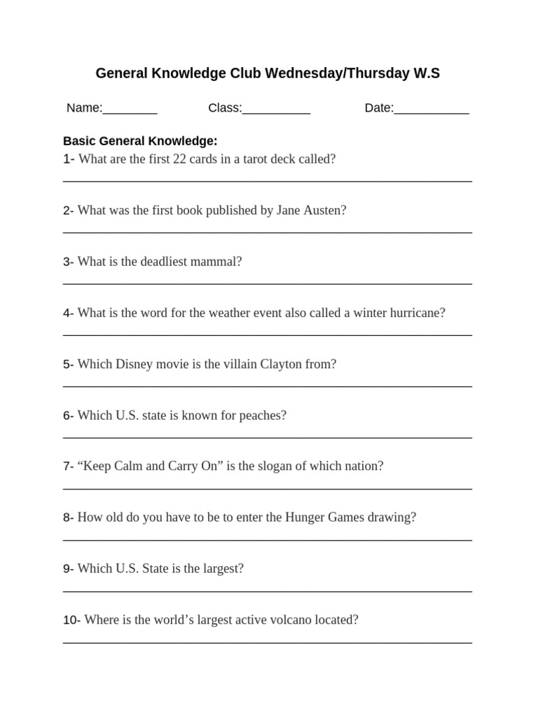 General Knowledge Club Worksheet | PDF