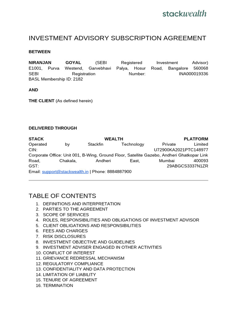 Investment Advisory Services Agreement | PDF | Risk | Financial Adviser