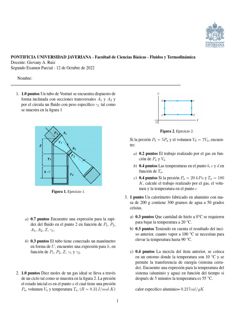 Examen de Fluidos y Termodinámica 2022 | PDF | Temperatura | Calor
