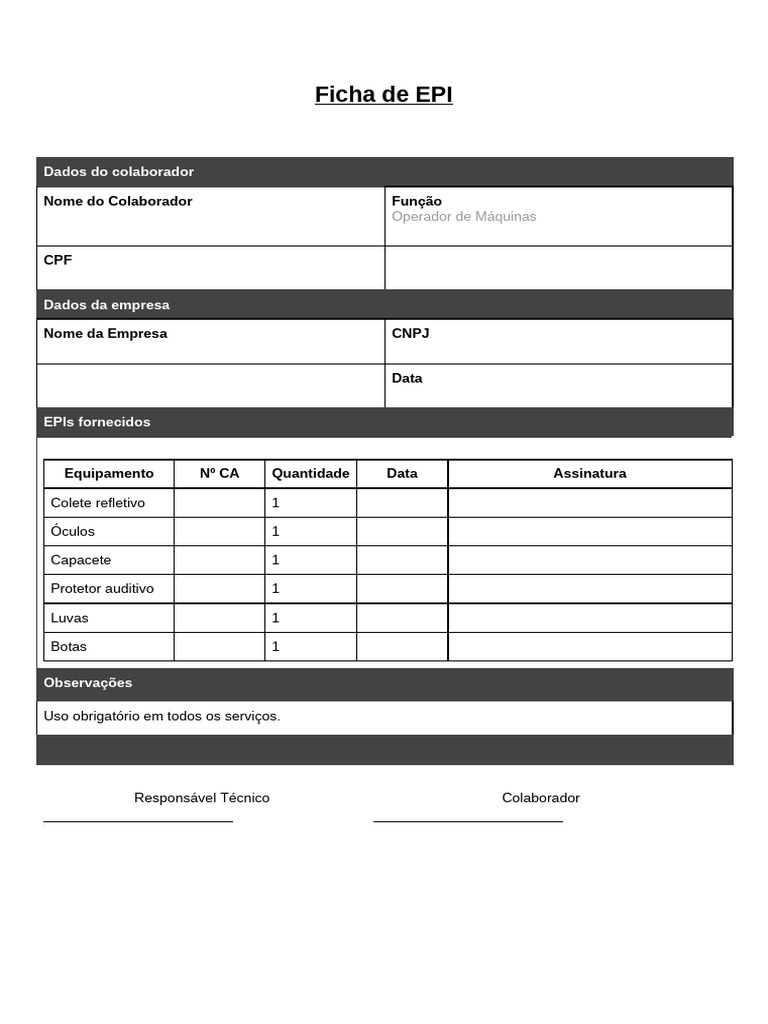 Ficha de EPI - Maiko | PDF