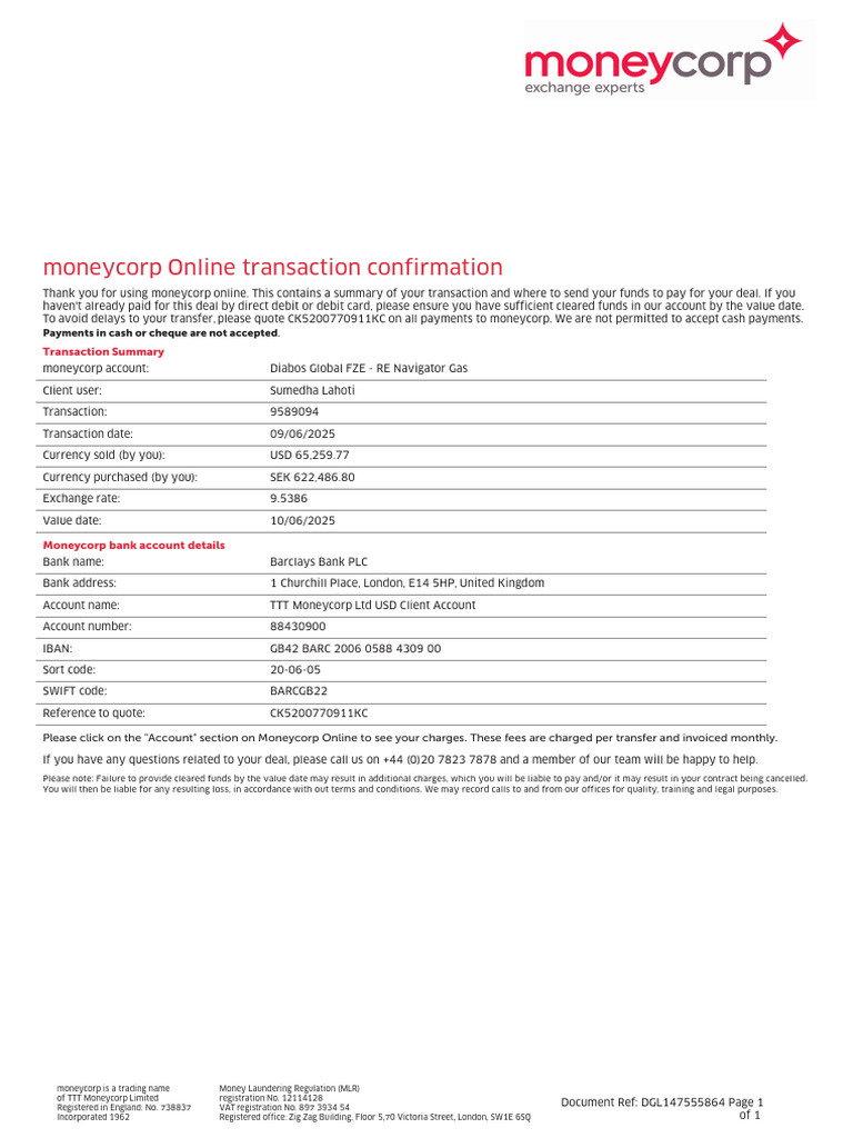 Moneycorp Transaction Confirmation | PDF | Payments | Banks