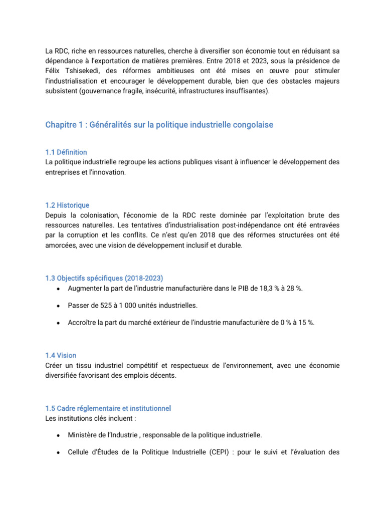 Industrialisation et défis en RDC 2023 | PDF | Politique industrielle ...