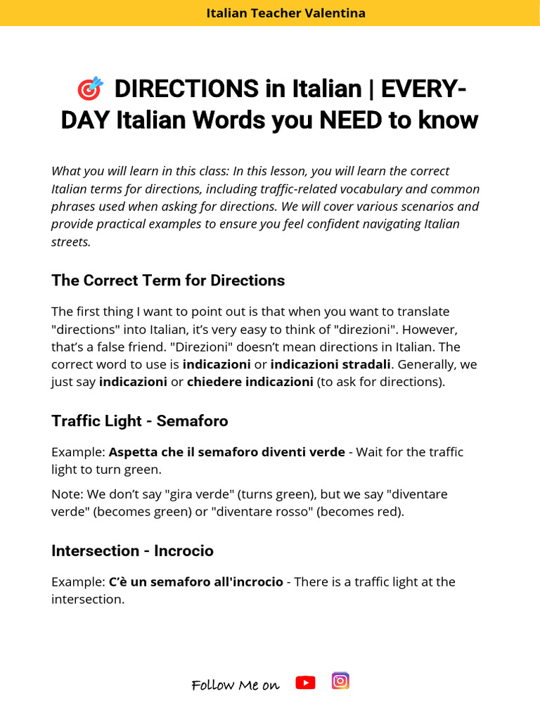 Italian Directions and Traffic Vocabulary | PDF | Land Transport ...