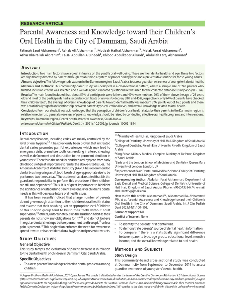Parental Awareness of Children's Oral Health | PDF | Statistics | Dentistry