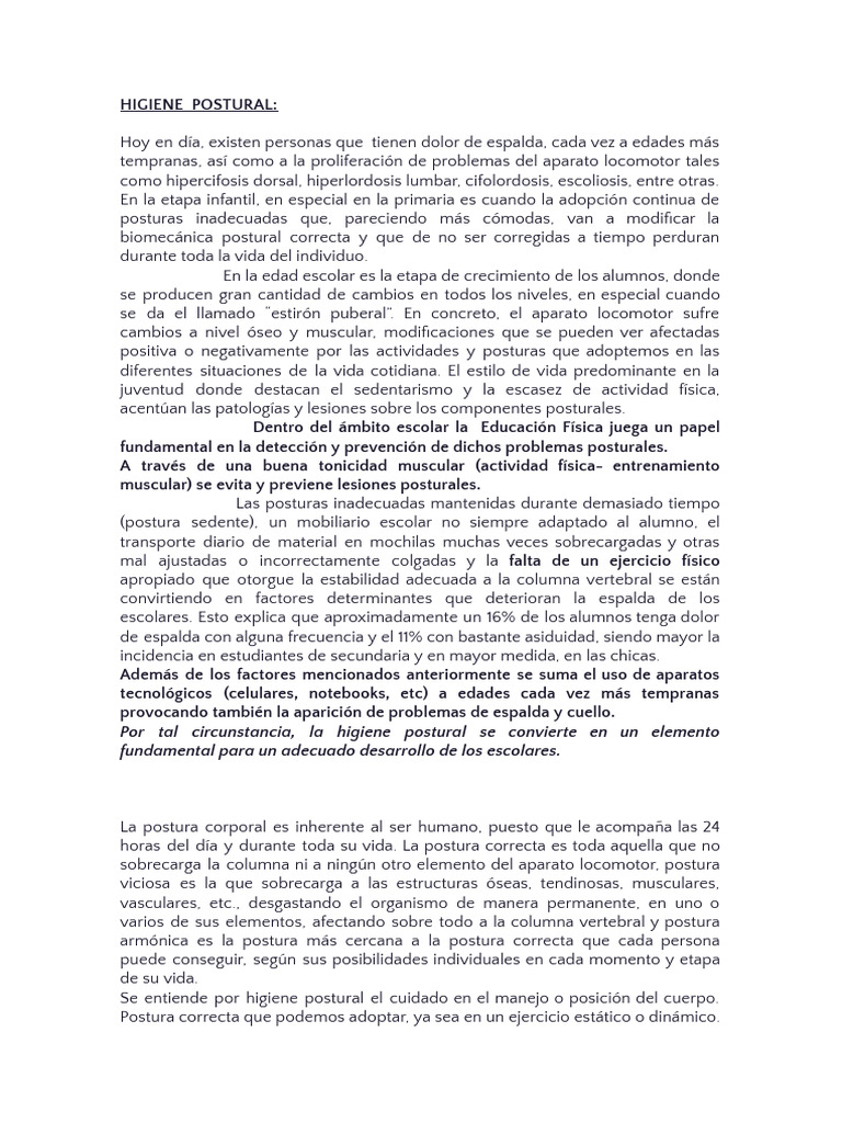 Higiene Postural en Escolares: Prevención y Salud | PDF | Dolor lumbar ...