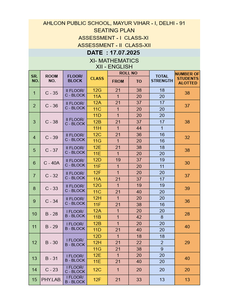 Class 11th & 12th Seating Plan 17th July Exam - 250716 - 140835 | PDF ...