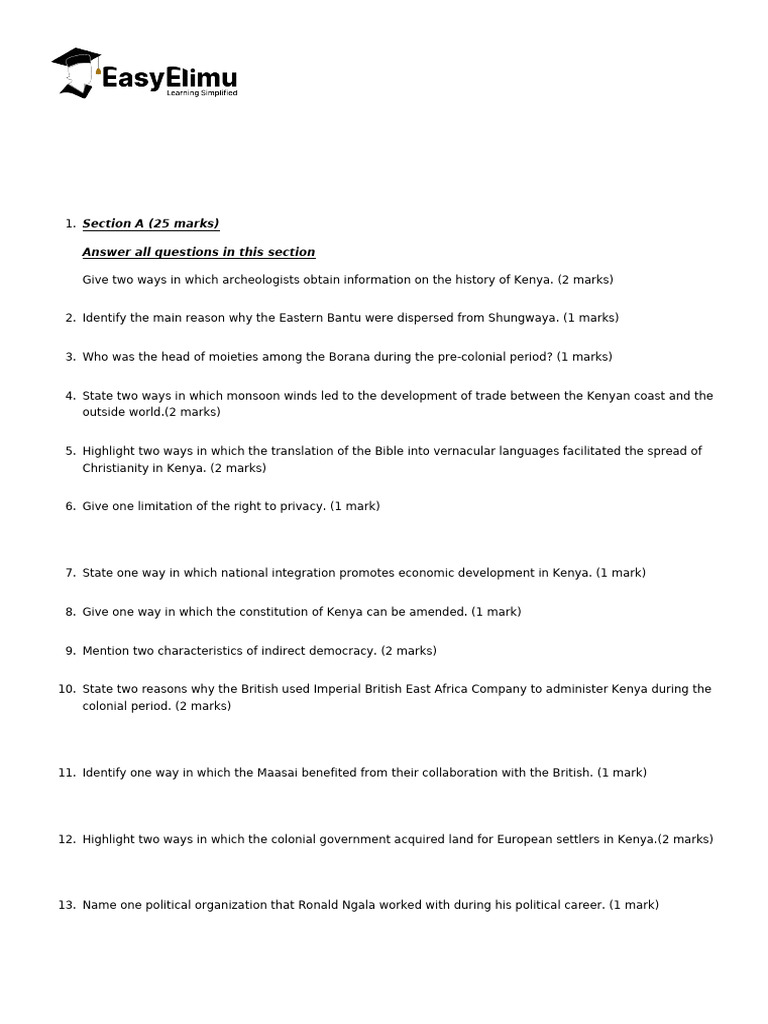 KCSE 2025 History Paper 1 Mock Exam | PDF | Kenya | Slavery
